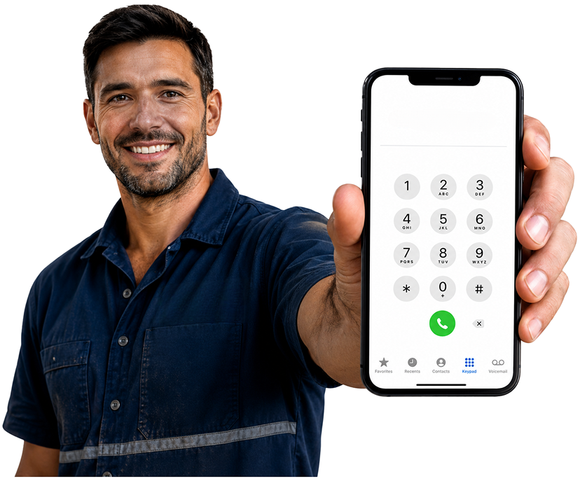 Yennora Blocked Drains plumber holding a phone — call 1300 261 965