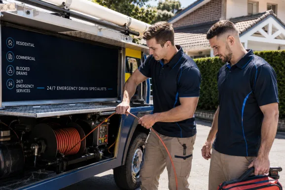 Two plumbers working on a blocked drain in Yennora