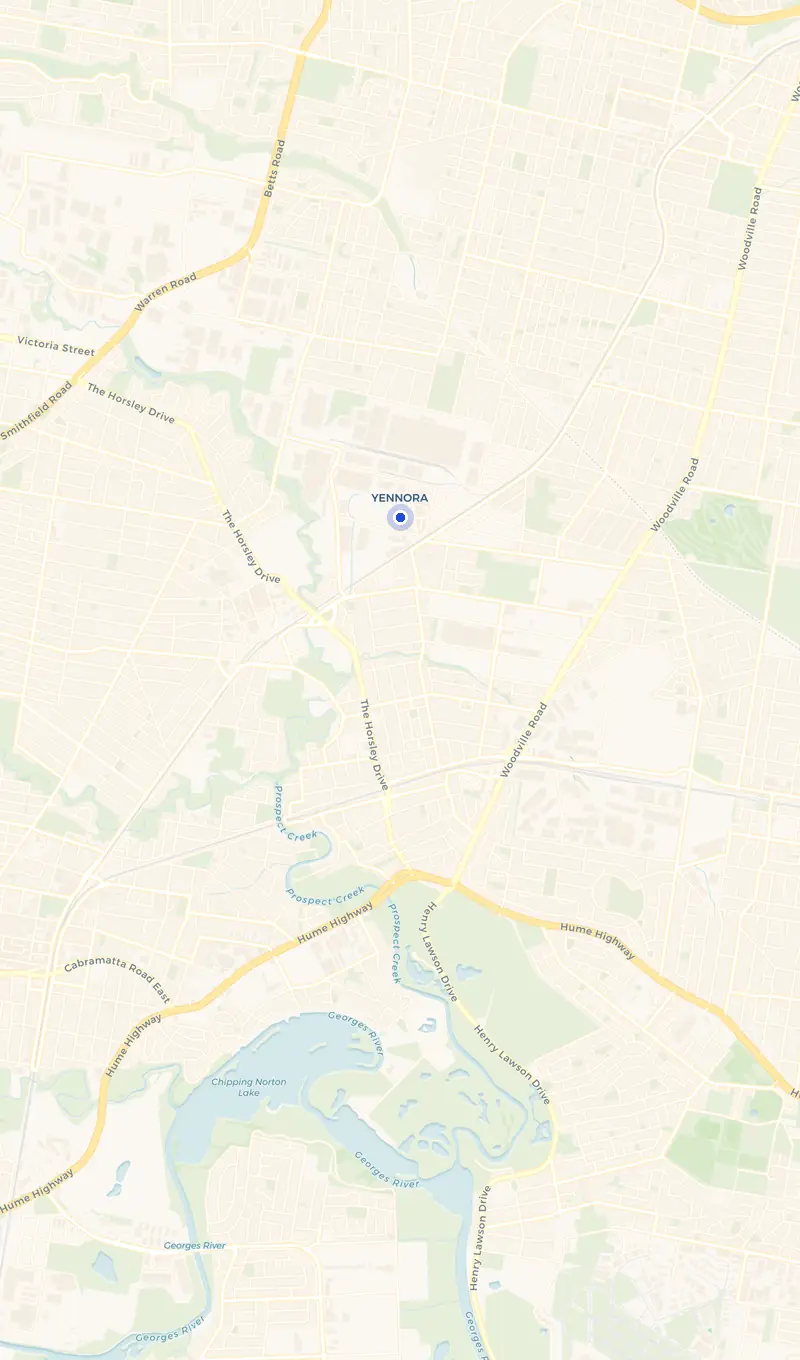 Map of the Yennora service area and the surrounding suburbs we cover.