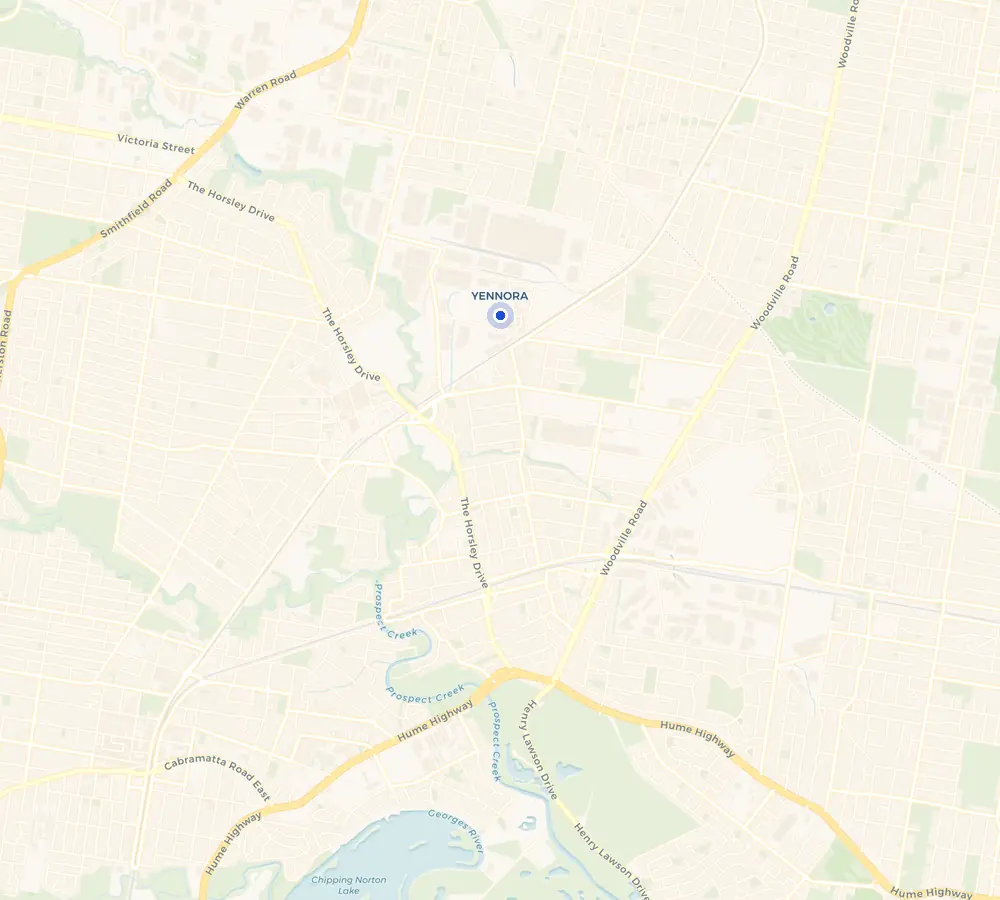 Map of the Yennora service area and the surrounding Fairfield area, showing Yennora and the nearby streets we cover.